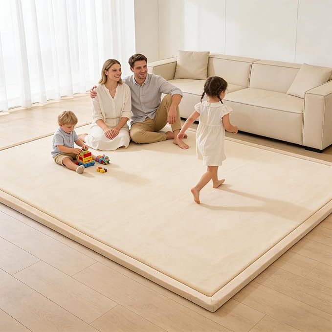 Baby Play Mat for Floor, 1.3 Inch Thick Memory Foam Tummy Time Mat with Non Slip Backing, Soft Coral Velvet 59X71 Inch Playpen Mat Crawling Tatami for Infants Toddlers Kids, Beige