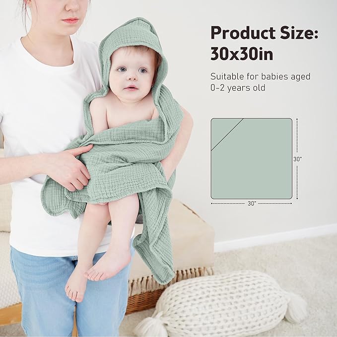Susurration 2 Pack Thick Muslin Baby Towels, 100% Cotton Soft and Absorbent Baby Bath Hooded Towel for Newborn, Infant, Girls, Boys, Baby Essentials