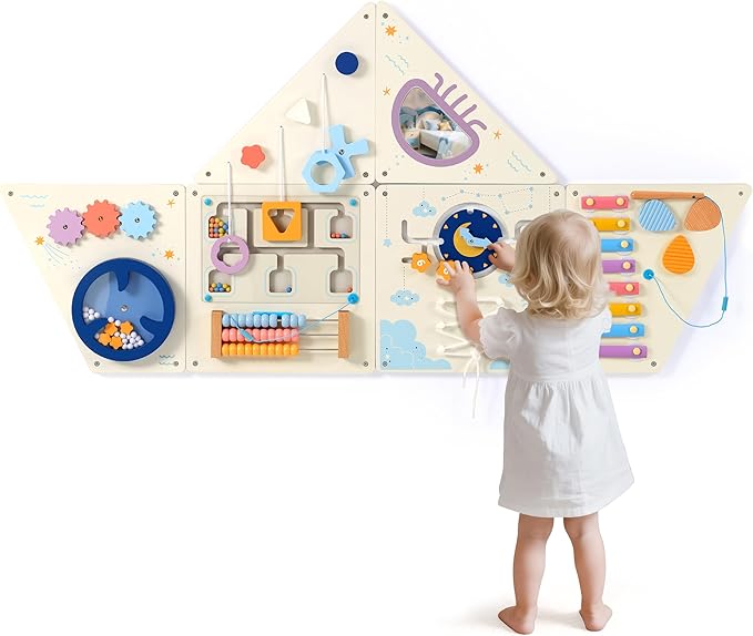 Pillowhale Tangram Activity Wall Busy Board Panels, 12-in-1 Learning Activity Center, Wooden Montessori Sensory Toys for Toddler Playroom, Nursery, Daycare, Classroom, Dentist Waiting Room