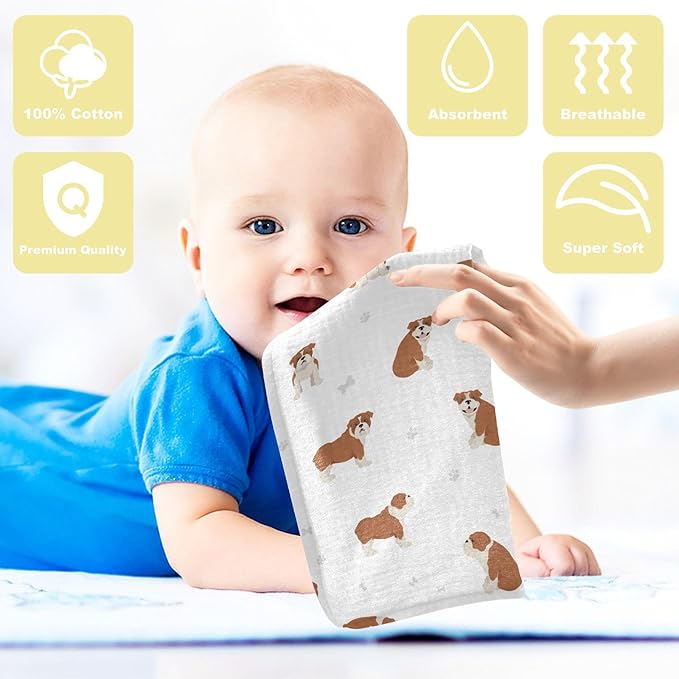 vvfelixl Baby Cotton Washcloths English Bulldog Infants Bath Towel for Unisex Puppy Face Towels for Newborn, Natural Baby Wipes Delicate Skin, 11.8 X 11.8 inch, one sizex5