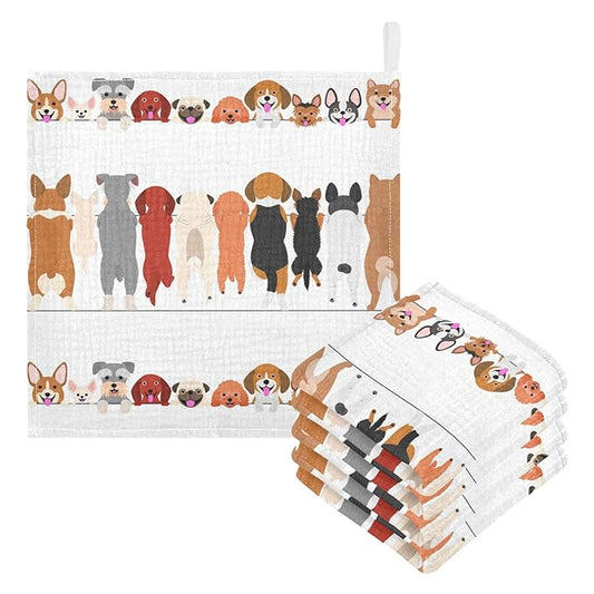 Dog Faces Baby Muslin Washcloths Cute Burp Cloths Soft Absorbent Baby Wash Cloth Fingertip Face Towels for Newborn Boys Girls 12 x 12 in, 5 Pack