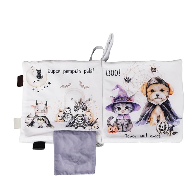 Ali+Oli Baby Cloth Book – Soft Sensory Crinkle Book with Teether for Infants 0-12 Months – Early Learning Touch & Feel Tummy Time Toy – Newborn Shower Gift for Christmas - Halloween Paws