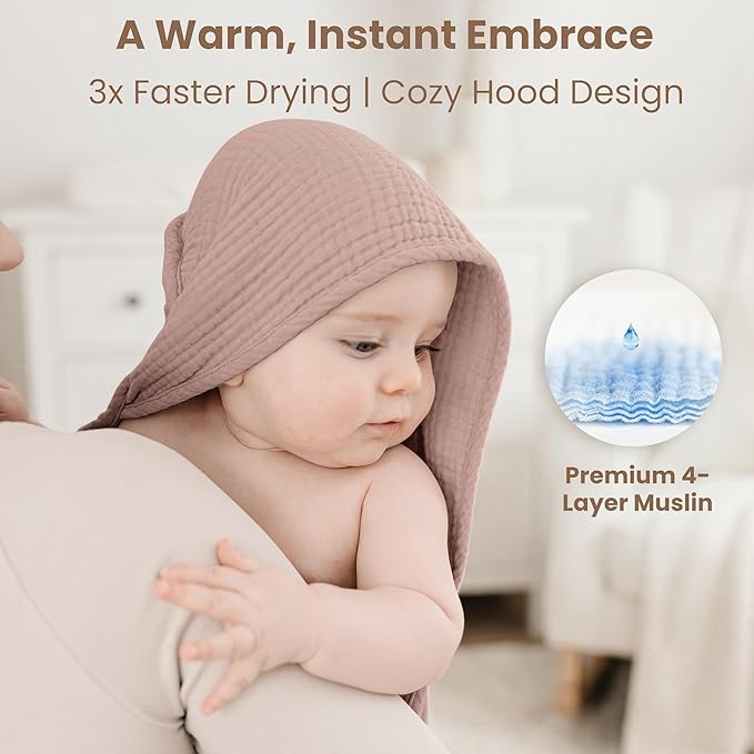 Konssy 2-Pack Muslin Hooded Baby Towels, 100% Cotton, Ultra-Soft & Absorbent Baby Bath Towels with Hood for Newborn & Infant (Taupe,Soft Blooms,32" x 32")