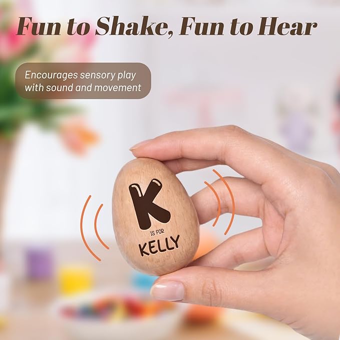 Custom Musical Easter Egg Shaker with Engraved Name and Initial, Wooden Easter Egg Basket Stuffers for Kids, Fake Eggs for Egg Hunt Prize Decor Party Baptism Gift