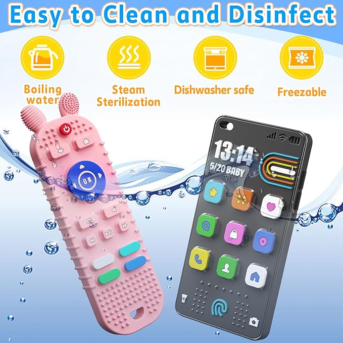 Kaodezhu TV Remote Control Shape Baby Teething Toys and Phone Shape Teether Toys for Babies 6-12 Months, Soft Flexible Silicone Chew Toys for Baby - Black Pink