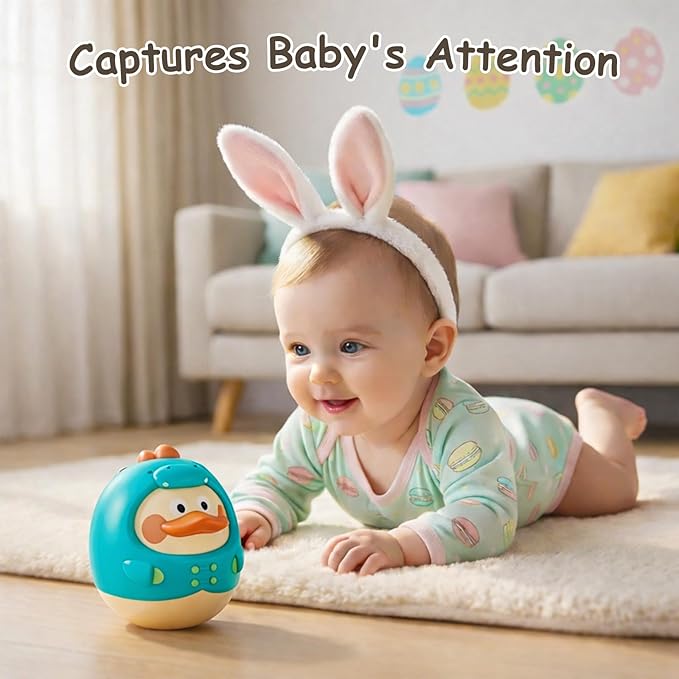 Musical Wobbler Toy, Tinabless Roly Poly Baby Toys, Dinosaur-Duck Tummy Time Toy | Tumbler Wobbler Toys for Newborns 3-12 Month Baby Boys and Girls Easter Basket Gifts Stocking Fillers(Blue)