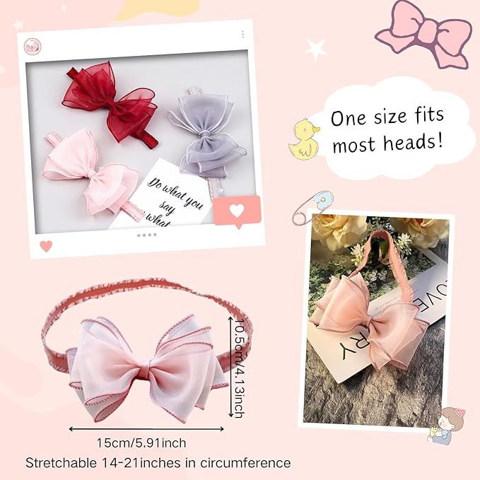 Cute Lace Bow Baby Girls Headbands Large Knot Hair Band Soft Chiffon Hairband Elastic Shower Hair Accessories for Newborn Infant Toddler Kids (Pink A, Elastic)