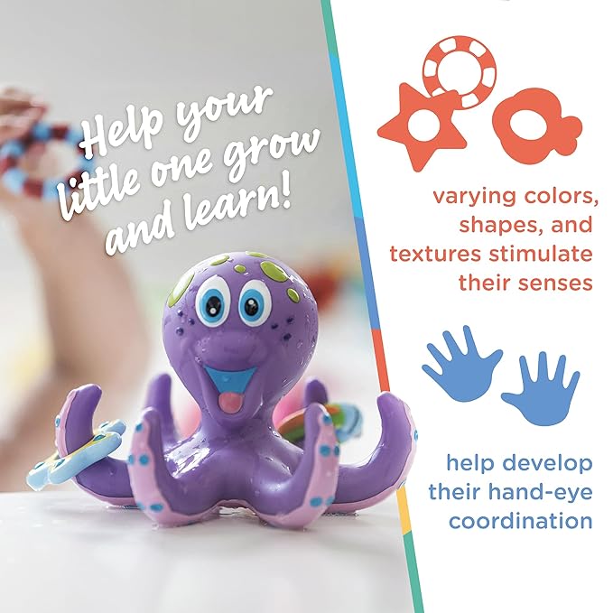 Bundle of Nuby Floating Octopus Toy with 3 Hoopla Rings - BPA Free Baby Bath Toy for Boys and Girls + Nuby Bubbly Buds Bath Toys, BPA Free