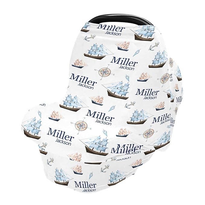 Personalized Baby Car Seat Cover for Boys Girls, Custom Nursing Covers for Breastfeeding with Name, Nautical Ship Infant Stroller Cover, Baby Carseat Canopy for Newborn, Multiuse Car Seat Canopies