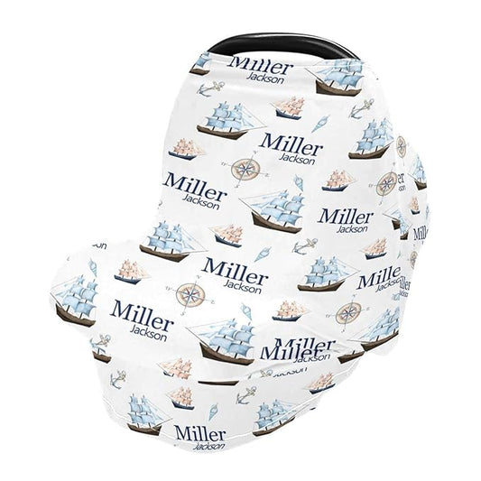 Personalized Baby Car Seat Cover for Boys Girls, Custom Nursing Covers for Breastfeeding with Name, Nautical Ship Infant Stroller Cover, Baby Carseat Canopy for Newborn, Multiuse Car Seat Canopies