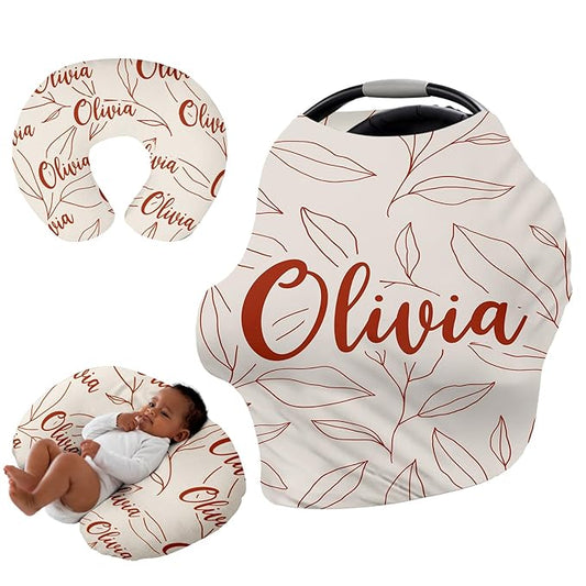 Personalised Car Seat Cover for Babies - Multi-use Carseat Canopy Cover with Name, Orange Leaf Car Seat Covers, Christmas Birthday Gifts for Infant Boys and Girls