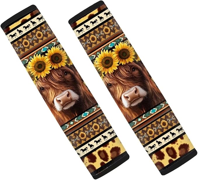UNICEU Western Aztec Sunflower Highland Cow Auto Seat Belt Pads 2 Piece Sets Soft Comfortable Shoulder Seatbelt Pad Cover for Women Men,Southwestern Car Accessory Decoration