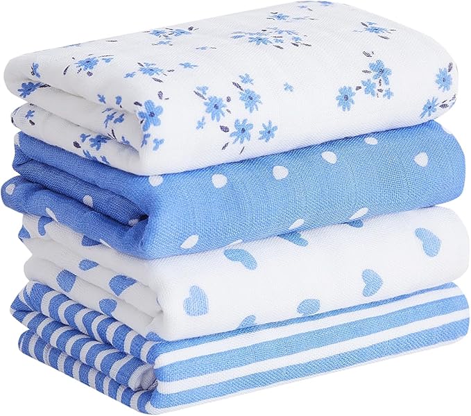 lasoftan Baby Muslin Burp Cloths, 100% Cotton Burping Cloths Super Absorbent Soft, Bath Towel Burp Cloths for Baby Girl Boy, Great Gift for Newborn, 10 x 20 inch, 4 Pack (Heart & Flowers)