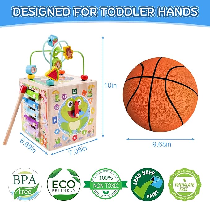 Wooden Activity Cube | Montessori Toys for 1 2 3 Year Old Toddlers | One Year Old 1st First Birthday Gift | Educational Toys for 12+ Months Baby Boys Girls | Bonus Sorting & Stacking Game (Pink)