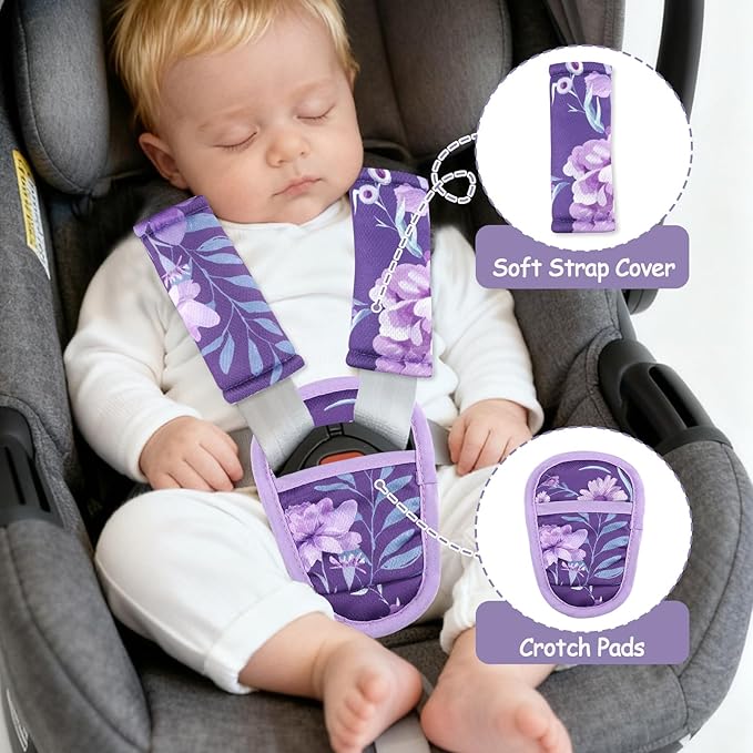 Baby Car Seat Strap Pads Suit, 3 Pieces Soft Car Seat Strap Shoulder Covers for Baby Infant Toddler, Double-Sided Car Seat Belt Covers for Stroller, Pushchair, Baby Swing, Purple Floral