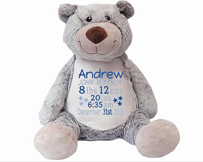 Personalized Birth Stats Plush Bear with Name & Date | Custom Nursery Keepsake | Newborn Shower Present for Boys or Girls