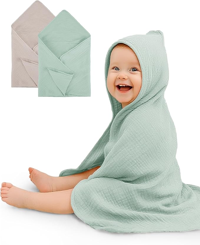 Hooded Baby Towels 2 Pack, Muslin Baby Bath Towels with Hood for Newborn Infant and Toddler, Soft Breathable & Absorbent, 32" x 32" (Beige & Sage, Lightweight)