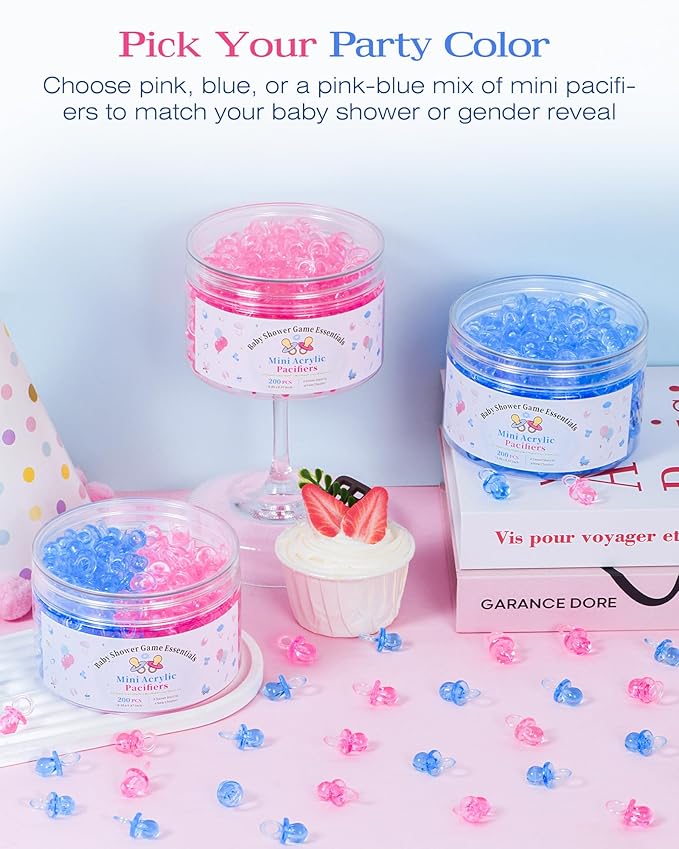 200 Pcs Mini Pacifiers Baby Shower Games, 0.86'' Acrylic Pacifiers in Clear Jar, Chupones para Baby Shower Pacifier for Party Favors, Table Scatter, Gender Reveal Decoration DIY Craft(Blue&Pink)