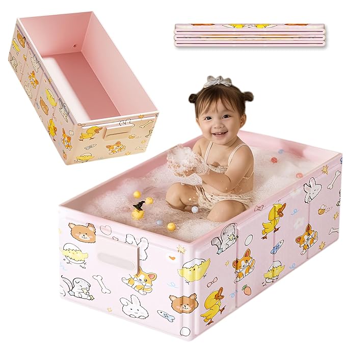 Portable Baby Bath Tub, Collapsible Bathtub, Toddler Bathtub with Drain Plug, for Outdoor Travel (Pink)