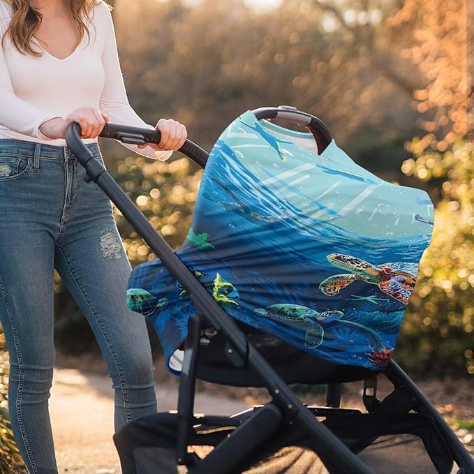 Ocean Car Seat Cover for Babies Sea Turtle Multi-Purpose Soft Rayon Nursing Cover for Breastfeeding,High Stretchy Infant Carseat Canopy Stroller Cover