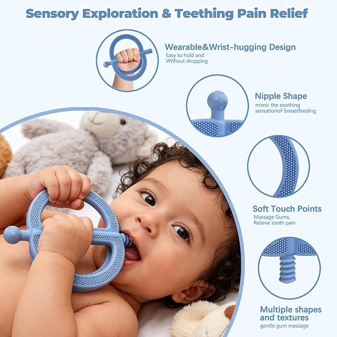 3 Pack Baby Teething Toys - Silicone Baby No-Drop Sensory Teether Toy Wrist Hand Teethers for Teething Relief, Food-Grade Newborn Essentials Chew Toys for Sucking Needs 0-12 Months