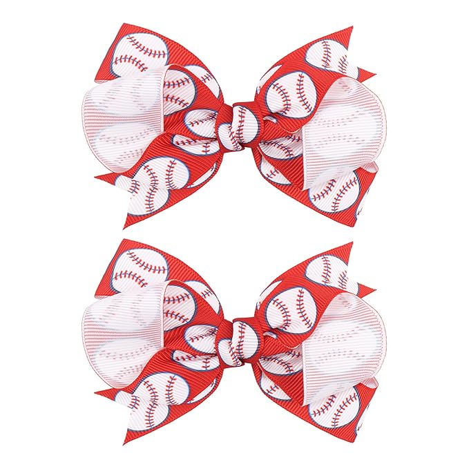 YanJie 2pcs 4'' Baseball Red Bow for Baby Girl Hair Clips Softball Grosgrain Ribbon Hair Accessories Alligator Clips for Toddler Teen Girls