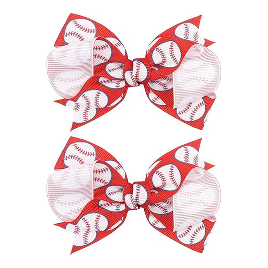 YanJie 2pcs 4'' Baseball Red Bow for Baby Girl Hair Clips Softball Grosgrain Ribbon Hair Accessories Alligator Clips for Toddler Teen Girls