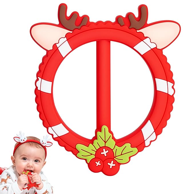 Red Teether for Babies - SHARE&CARE Mom Gifts Silicone Teething Toy, Women Gift for Mom, Wife,Her, Holiday Baby Chew Toy for 3 Months+, BPA-Free,Baby Shower (Red Holiday)