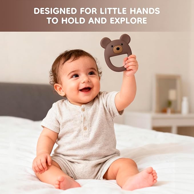 Bear-Shaped Silicone Teether for Baby 0–12 Months, Soft Textured Teething Ring with Easy-Grip Open Design, One-Piece Food-Grade Silicone Teething Toy for Infants (Brown)