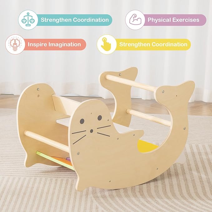 Olakids Climbing Arch for Toddlers, 3 in 1 Kids Wooden Rocking Horse Toy Climber Rocker Play Table, Baby Pikler Montessori Indoor Activity Climb Gym Playground Gift for Boys Girls