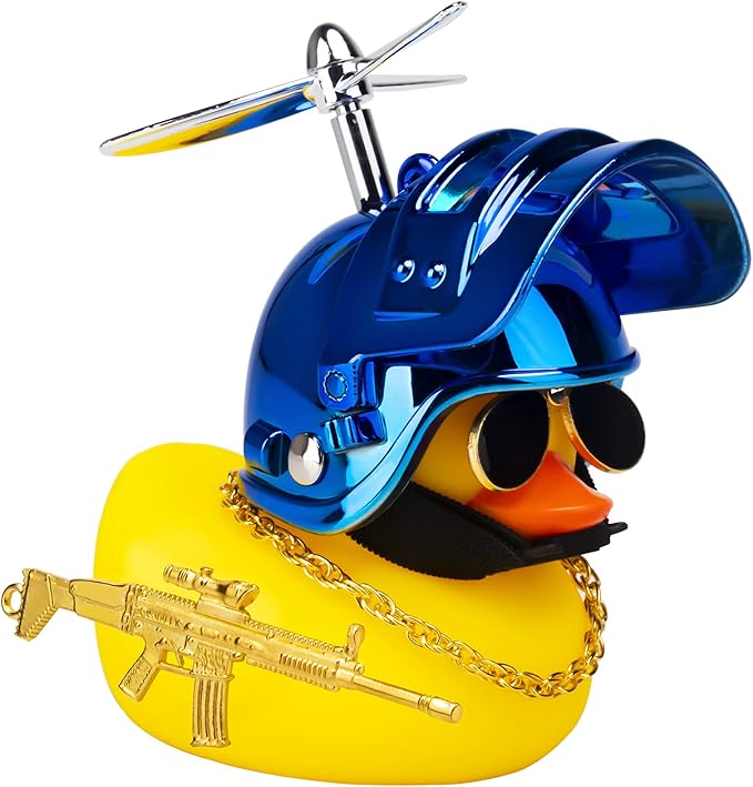 wonuu Rubber Duck Car Ornaments Cool Yellow Duck Car Dashboard Decorations Squeaky Glasses Duck with Propeller Helmet for Car ccessories Dashboard (Y-Blue)