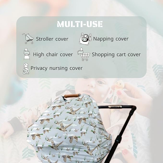 HawSkgFub Mallard Duck Hunting 5-in-1 Car Seat Cover for Baby Boy Girl Gift, Blue Wild Animal Hunter Reed Privacy Breastfeeding Nursing Cover, Newborn Infant Multi-use Carseat Canopy Carrier