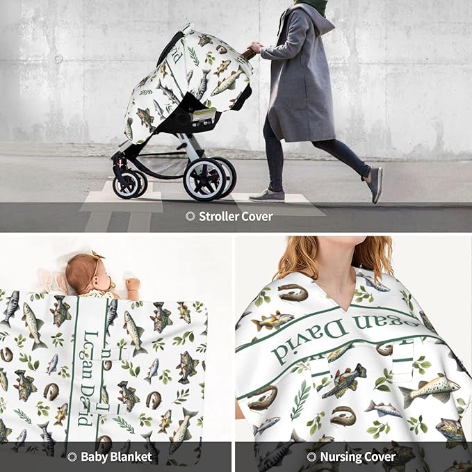 Custom Name Fishing Baby Car Seat Canopy – Personalized Opening Minky Nursing Cover, Infant Carseat & Stroller Cover for Newborn Baby Boys Girls Shower Gift