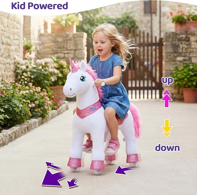 PonyCycle Unicorn Ride on Toys for Girls Horse Spirit Toys, Essential Model E Size 4 for Kids Age 4-8/35.4" Height, Birthday Gifts Plush Walking Animal Giddy up Riding Toys Ride on Pony Pink E412