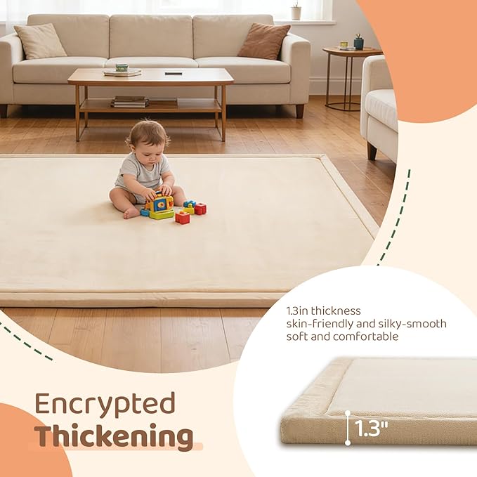 Baby Play Mat for Floor, 1.3 Inch Thick Memory Foam Tummy Time Mat with Non Slip Backing, Soft Coral Velvet 71X79 Inch Playpen Mat Crawling Tatami for Infants Toddlers Kids, Beige