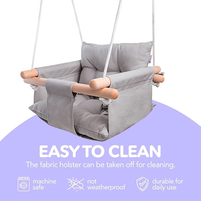 CaTeam - Canvas Baby Swing, Wooden Hanging Swing Seat Chair with Safety Belt, Durable Baby Swing Chair, Outdoor and Indoor Swing for Kids, Mounting Hardware Included, Taupe Gray