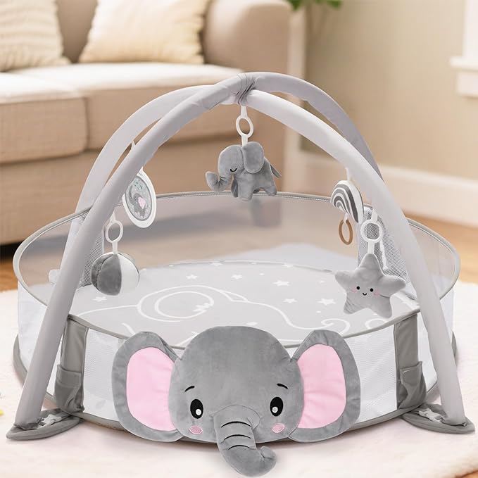 7-in-1 XL Large Baby Play Gym Mat, Tummy Time Mat, Baby Gym & Ball Pit, Baby Activity Mat with Milestone Cards & 6 Detachable Toys for Sensory Motor Skill, Elephant