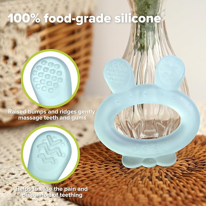 Haakaa Silicone Baby Teether - Rabbit Ear Frozen Teething Toy for Babies 3-6 Months- Cold Teething Relief - BPA Free Silicone -Blue