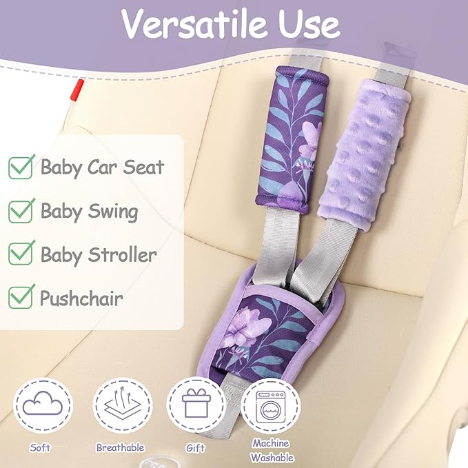 Baby Car Seat Strap Pads Suit, 3 Pieces Soft Car Seat Strap Shoulder Covers for Baby Infant Toddler, Double-Sided Car Seat Belt Covers for Stroller, Pushchair, Baby Swing, Purple Floral