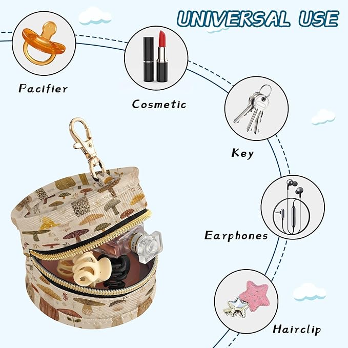 Pacifier Holder with Clip Pacifier Case for Diaper Bag Round Baby Pacifier Pouch Box Bag Portable Vintage Beige Mushrooms and Leaves