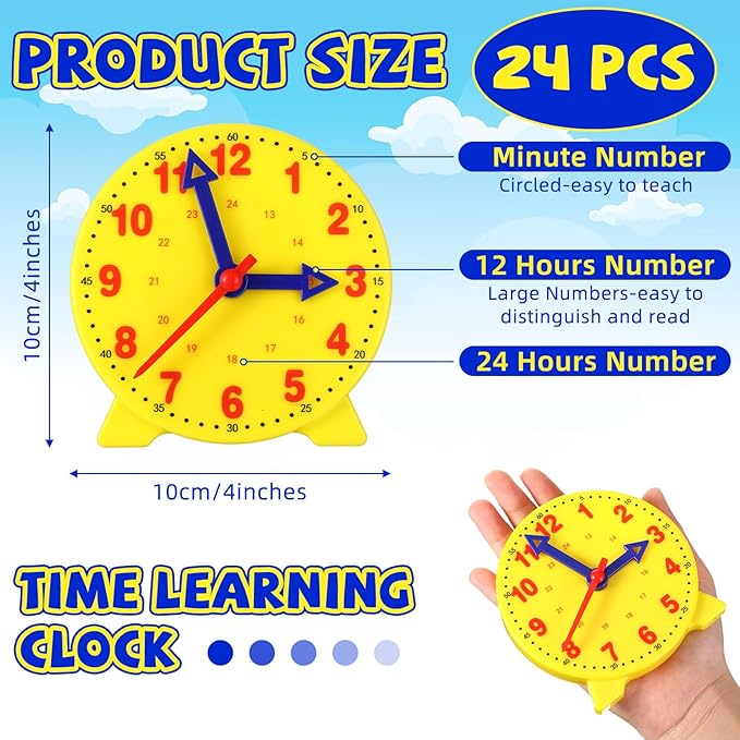 Batiyeer 24 Pcs Teaching Clock Kit for Kids to Tell Time Teaching Mini Geared Clock for Kids Basic Math Development Teacher and Classroom Supplies, 4 Inch(Yellow)