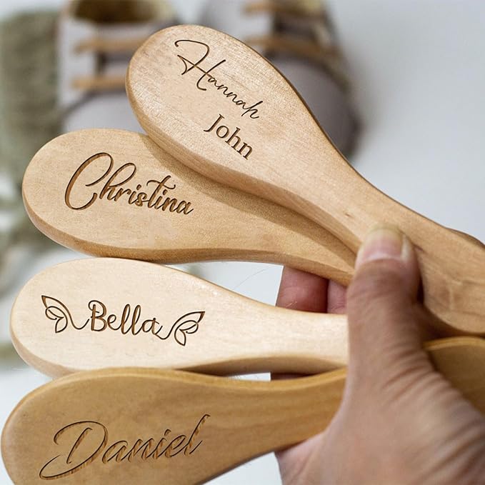 Personalized Baby Hairbrushes Custom Engrave Infant Name Wooden Newborn Hair Brush Comb Brush Natural Goat Bristles Great Birth/Baptism/Birthday Baby Shower Gifts