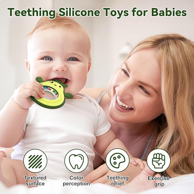Baby Rattles Teething Toy for Babies 0-6 Months, Avocado Design BPA Free, Teething Relief for Infant 3-24 Months, Silicone Teethers Boys and Girls Sensory Toy