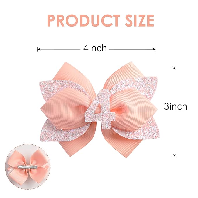 Glitter Birthday Hair Bow for Baby Girls 1 2 3 4 5 6 Years Peach Party Decoration Hair Accessories for Four 4th Birthday