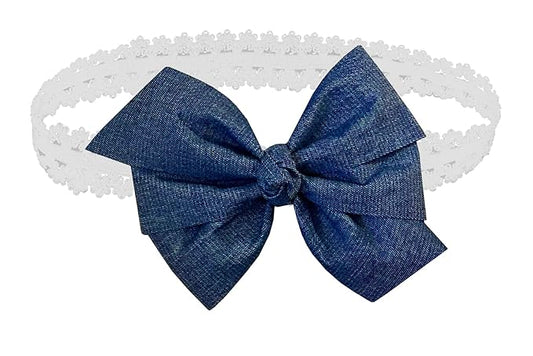 WEBB DIRECT2U Baby Girls 5" Denim Blue Jean Large Hair Bow White Stretch Headband