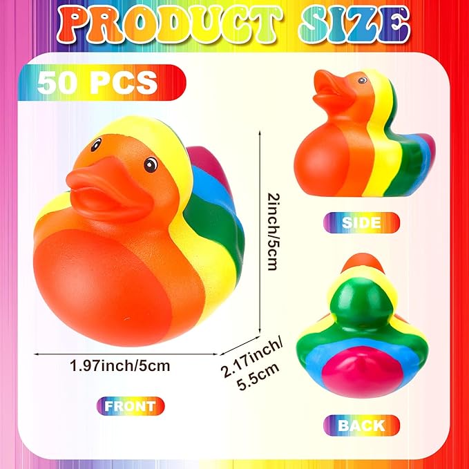 50 Pcs Rubber Rainbow Duck,Squeak and Floating Duckies Bulk,Mini Rubber Figurines Rainbow Ducks for Shower Birthday Gifts LGBT Party Favors