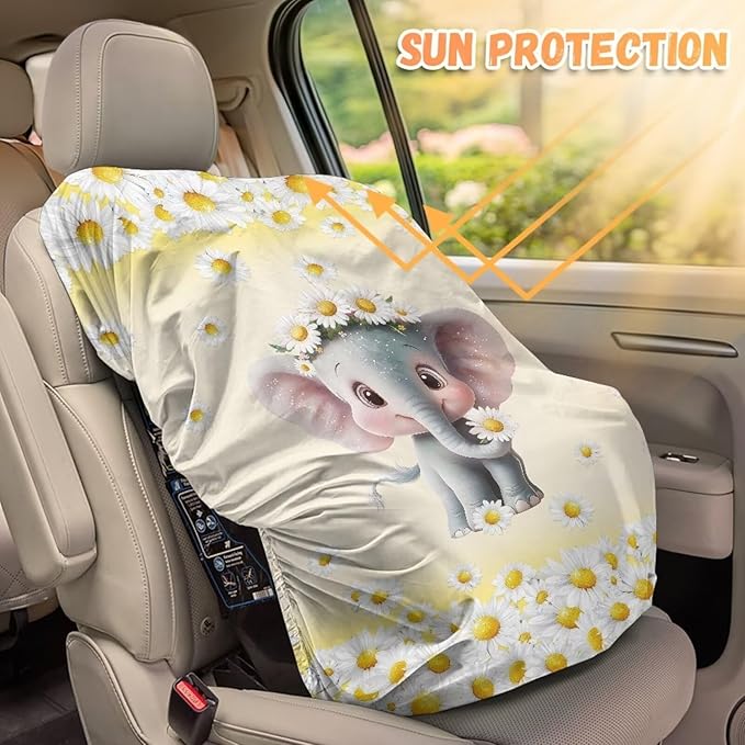 XYZCANDO Elephant Car Seat Covers for Babies Girl Cartoon Car Seat Sun Protection Replacement Baby Car Seat Sun Shade Cover for Travel Breathable Cooling Car Seat Cover Baby Gift for Wife