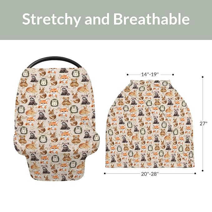 Vintage Autumn Animals Boho Floral Car Seat Cover for Babies Bear Raccoon Deer Rabbit Hedgehog Leaves Stretchy 5-in-1 Cover Adjustable Car Canopy Breastfeeding Cover Breathable Nursing Cover-Up