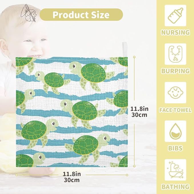 vvfelixl Cute Characters Green Turtles Baby Burp Cloths Baby Muslin Washcloths for Boys Girls Cotton Baby Face Towel for Newborn Infants Soft and Absorbent 11.8 X 11.8 in, 5 Pack