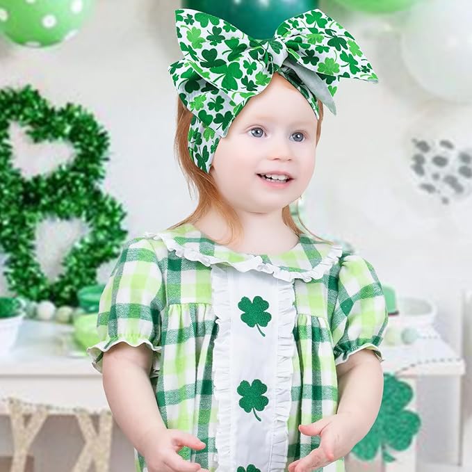 Hairband - St. Patrick's Day 7" Baby Bows Headbands with Clover Print Waffle Material - One Size Fits All - Hair Accessories for Infant Toddler - Gift Idea